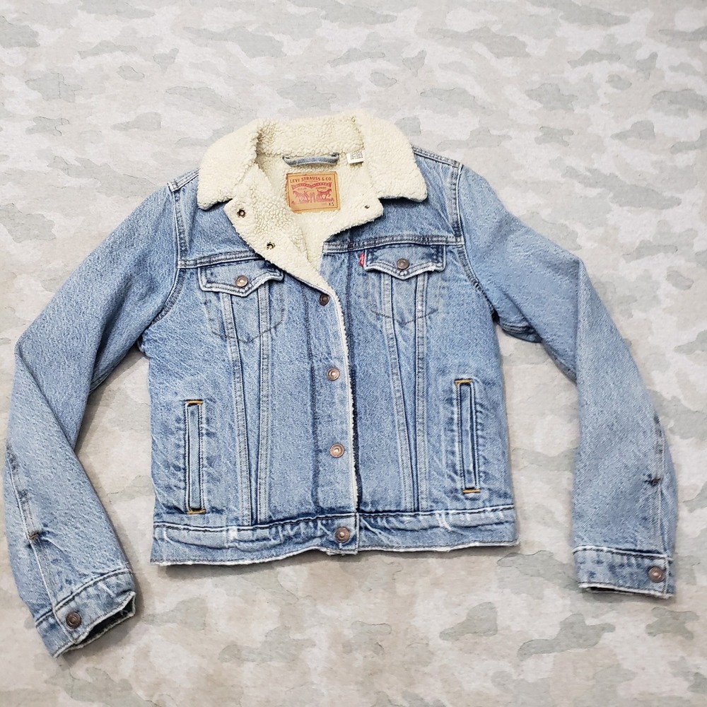 Levis Trucker Jacket Womens XS Blue Sherpa Denim Medium Wash Workwear